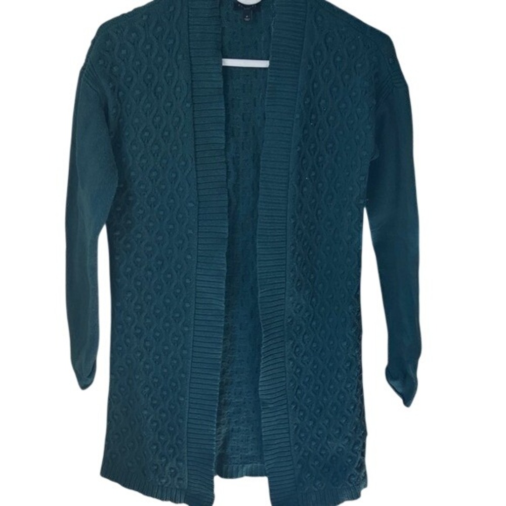 Talbots Petites Teal Green Diamond‎ Cable Knit Bobble Open Front Cardigan P